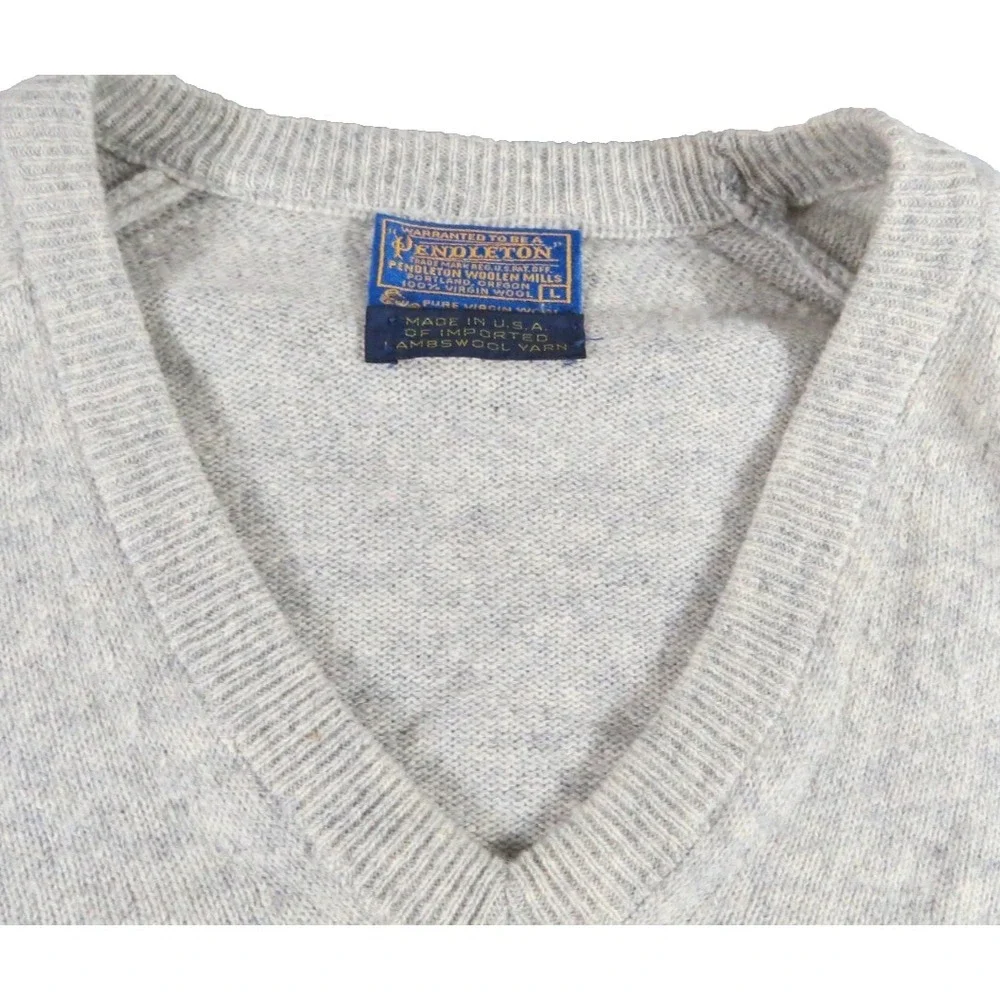 VTG 70s Pendleton Men L Lambswool V Neck Sweater Gray Pullover Made In USA Flaw